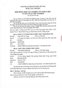 Hợp đồng hợp tác nghiên cứu tối ưu quy trình sản xuất Đông trùng hạ thảo giữa Viện Công nghiệp thực phẩm - Bộ Công thương và Công ty cổ phần phát triển thực phẩm Hoàn Mỹ