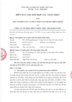 Biên bản ghi nhớ hợp tác toàn diện giữa Công ty Cổ phần phát triển thực phẩm Hoàn Mỹ và Viện Nghiên cứu & Phát triển sản phẩm thiên nhiên (IRDOP)