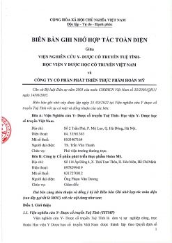 Biên bản ghi nhớ hợp tác toàn diện giữa Công ty Cổ phần phát triển thực phẩm Hoàn Mỹ và Viện Nghiên cứu Y - Dược Cổ truyền Tuệ Tĩnh, Học viện Y dược học Cổ truyền Việt Nam