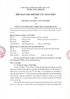 Biên bản ghi nhớ hợp tác toàn diện giữa trường cao đẳng y tế Lâm Đồng và Công ty cổ phần phát triển thực phẩm Hoàn Mỹ